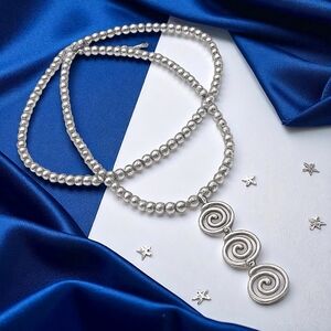 🆕️Boho Glam Spiral Pendant Layered Beaded Necklace Set Trendy White Gold Plated